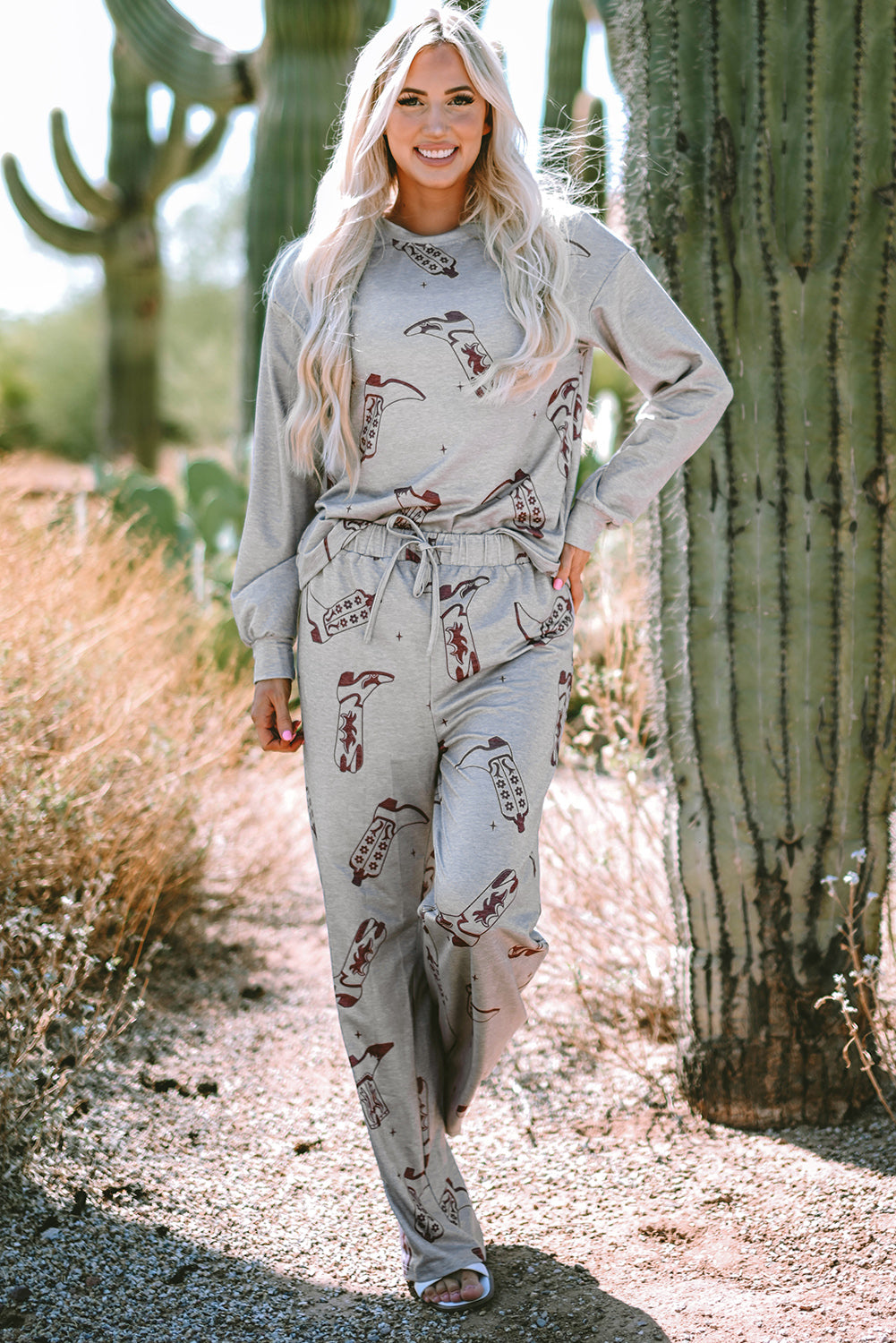 Online Gray Cowgirl Boots Printed Long Sleeve Top Pants Lounge Set