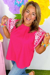 Online Strawberry Pink Floral Embroidered Flutter Sleeve Pleated O Neck Plus Size Blouse