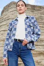 Load image into Gallery viewer, Online Black Checkered Patchwork Button up Denim Jacket
