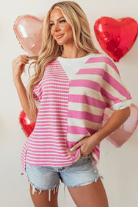 Online Pink Stripe Patchwork Textured Short Sleeve High Low Loose Top