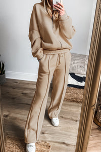 Online Black Solid Seamed Zipper Jacket and Drawstring Waist Pants Set