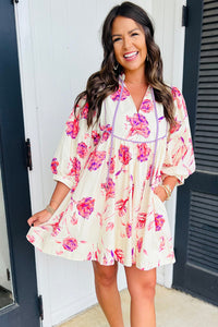 OnlinePink Floral Print Balloon Sleeve V Neck Babydoll Mini Dress