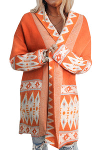 Online Orange Printed Aztec Print Open Front Knitted Cardigan