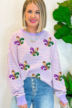 Load image into Gallery viewer, Online Purple Stripe Sequin Fleur de Lis Patched Pattern Long Sleeve Top
