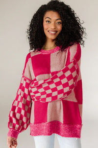 Online Rose Red Mixed Checkered Pattern Drop Shoulder Loose Sweater