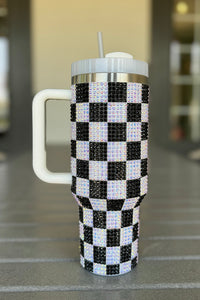 Online Blackish Green Full Rhinestone Checkerboard Handled Tumbler 40oz