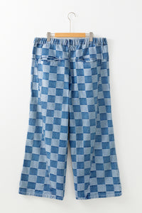 Online Dusk Blue Plus Size Checkered Seamed High Waist Wide Leg Jeans