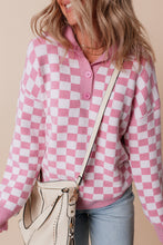 Load image into Gallery viewer, Online Apricot Checkered Buttons Collar V Neck Drop Shoulder Sweater
