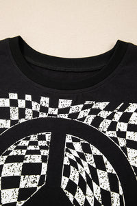 Online Black Checkerboard Peace Sign Printed Round Neck T Shirt