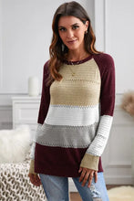 Load image into Gallery viewer, Wine Accent Knitted Color Block Long Sleeve Crew Neck Sweater
