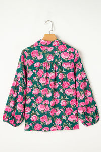 Online Green Floral Printed Tied Collar Puff Sleeve Blouse