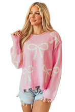 Load image into Gallery viewer, Online Pearl Beaded Bowknot Pattern Distressed Split Hem Sweater
