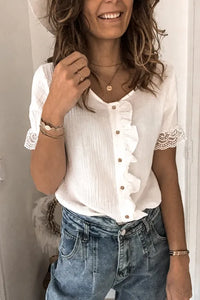 White Ruffles Button Short Sleeve Shirt with Lace Detail