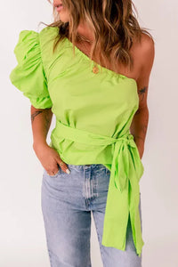 Lace-up Puff Sleeve One Shoulder Blouse