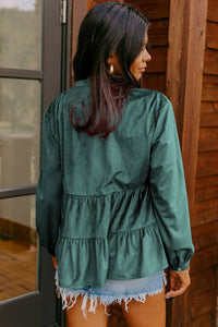 Online Burgundy Corduroy Ruffle Tiered Buttoned O Neck Shirt