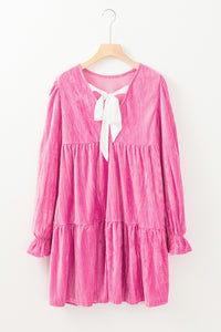 Online Strawberry Pink Flounce Sleeve Tiered Ruffled Velvet Mini Dress