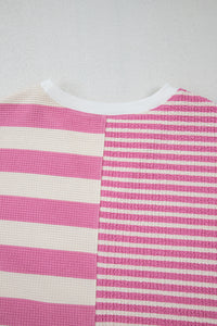 Online Pink Stripe Patchwork Textured Short Sleeve High Low Loose Top