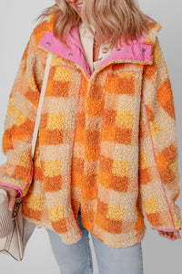 Online Orange Checkered Sherpa Hooded Jacket