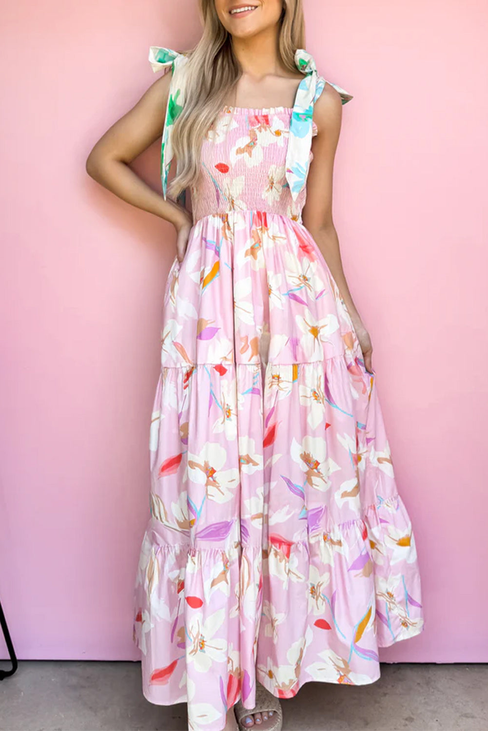 Online Pink Floral Print Knotted Shoulder Smocked Maxi Dress