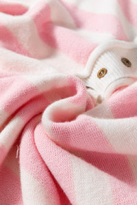 Online Pink Stripe Half Buttons Drop Shoulder Sweater