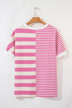 Load image into Gallery viewer, Online Pink Stripe Patchwork Textured Short Sleeve High Low Loose Top

