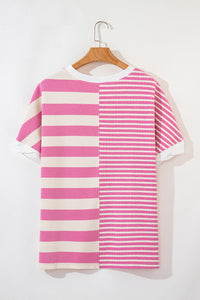 Online Pink Stripe Patchwork Textured Short Sleeve High Low Loose Top