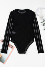 Load image into Gallery viewer, Online Black Rhinestone Decor Striped Mesh Long Sleeve Bodysuit
