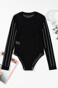 Online Black Rhinestone Decor Striped Mesh Long Sleeve Bodysuit