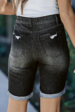 Load image into Gallery viewer, Black Roll-up Distressed Bermuda Denim Shorts
