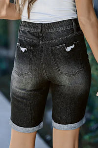 Black Roll-up Distressed Bermuda Denim Shorts