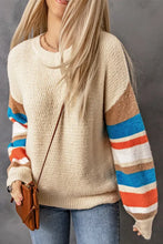 Load image into Gallery viewer, Apricot Crew Neck Lantern Sleeve Striped Color Block Sweater
