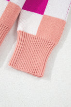 Load image into Gallery viewer, Online Pink Checkered Ribbed Edge O Neck Drop Shoulder Sweater
