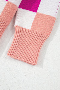 Online Pink Checkered Ribbed Edge O Neck Drop Shoulder Sweater