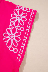 Online Strawberry Pink Floral Embroidered Flutter Sleeve Pleated O Neck Plus Size Blouse