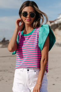 Online Pink Stripe Colorblock Ruffled Sleeve Crew Neck Blouse