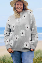 Load image into Gallery viewer, Online Gray Plus Size Embroidered Floral Pattern Half Zip Sweater
