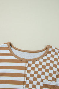 Online Khaki Striped Checkered Mixed Print Chest Pocket Casual Plus Size Top