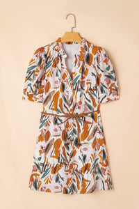 Online Brown Abstract Printed Puff Sleeve Button Up Braided Belt Mini Dress