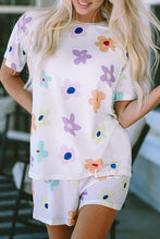 Load image into Gallery viewer, Online Pink Flower Print Short Sleeve High Waist Two Piece Shorts Set
