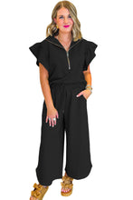 Load image into Gallery viewer, Black Textured Ruffled Sleeve Zipped Top and Wide Leg Pants Set
