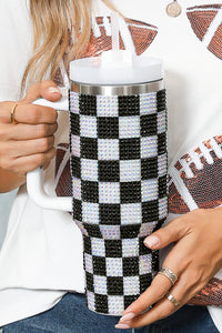 Online Blackish Green Full Rhinestone Checkerboard Handled Tumbler 40oz