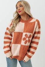 Load image into Gallery viewer, Online Orchid Petal Checkered Floral Print Striped Sleeve Sweater
