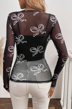Load image into Gallery viewer, Online Black Round Neck Bow Print Long Sleeve Mesh Top
