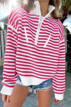 Load image into Gallery viewer, Online Pink Stripe Zip up Collar Drop Shoulder Sweater
