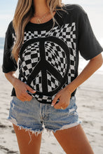 Load image into Gallery viewer, Online Black Checkerboard Peace Sign Printed Round Neck T Shirt
