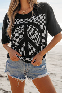 Online Black Checkerboard Peace Sign Printed Round Neck T Shirt