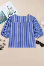 Load image into Gallery viewer, Online Blue Stripe Tied Front Puff Short Sleeve Blouse
