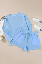 Load image into Gallery viewer, Online Light Blue Plus Size Ribbed Long Sleeve Top and Drawstring Shorts Set

