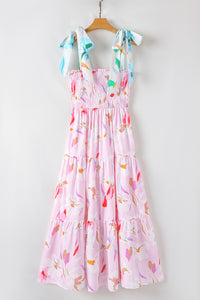 Online Pink Floral Print Knotted Shoulder Smocked Maxi Dress