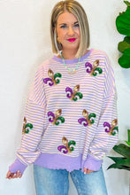 Load image into Gallery viewer, Online Purple Stripe Sequin Fleur de Lis Patched Pattern Long Sleeve Top
